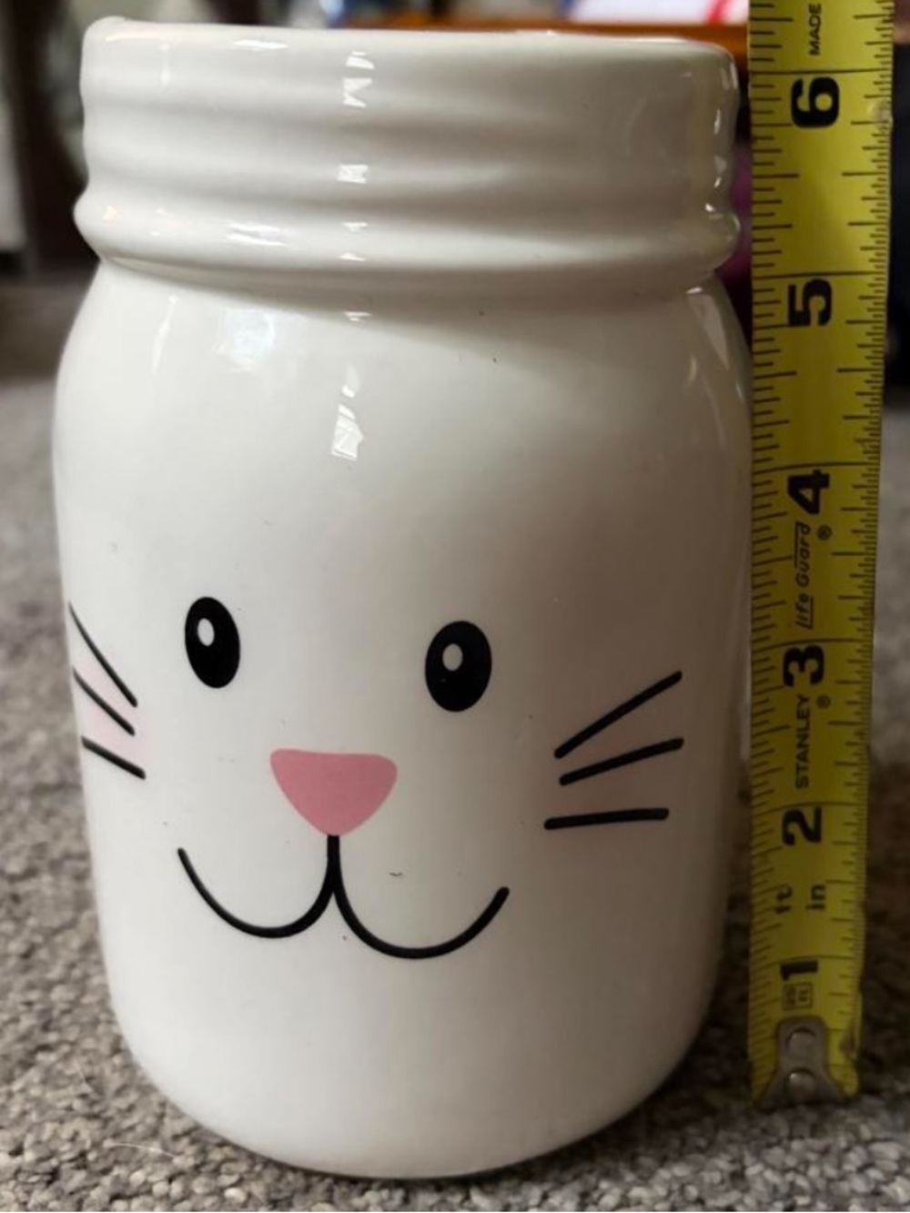 Burton~White Ceramic Bunny Face Jar with Pink Nose